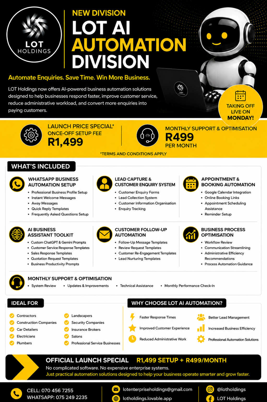 LOT AI Automation Division launch special flyer — R1,499 once-off setup plus R499 per month